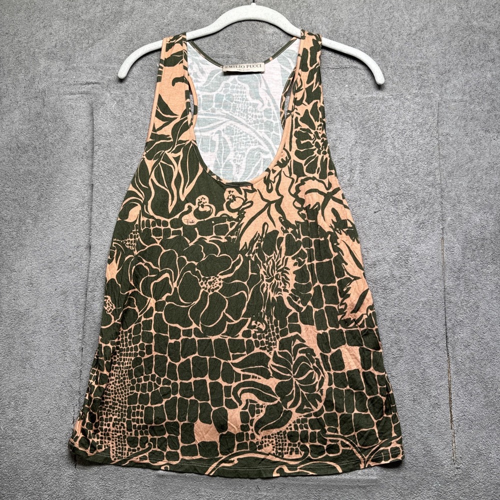 Emilio Pucci Womens Silk Blend Tank Top Large Green Pink Floral Print Racerback